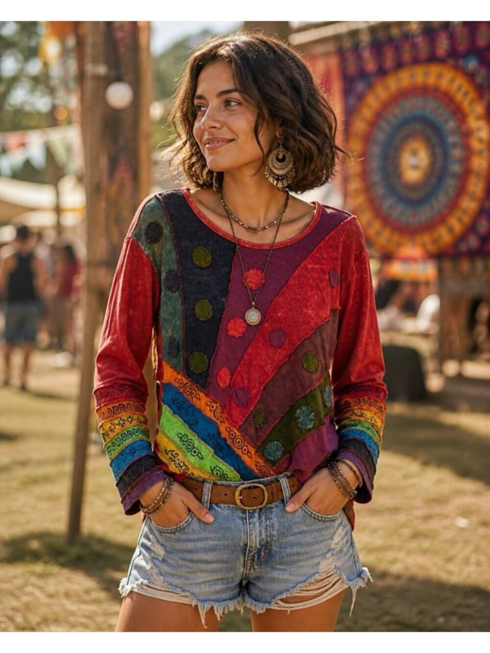Womens Patchwork Long Sleeve Top 2XL Boho Chic Festive Artsy Colorful Coastal